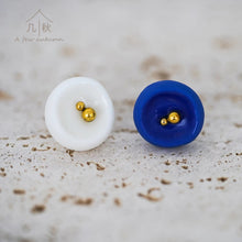 Load image into Gallery viewer, Blue and White Minimalist Statement earrings stud, handmade porcelain jewellery
