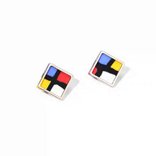 Load image into Gallery viewer, Loving Mondriaan - small square coloured line minimalist statement earrings handmade porcelain jewellery