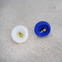 Load image into Gallery viewer, Blue and White Minimalist Statement earrings stud, handmade porcelain jewellery