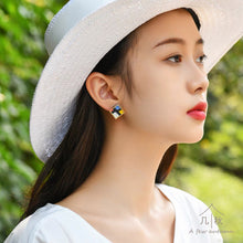 Load image into Gallery viewer, Loving Mondriaan - small square coloured line minimalist statement earrings handmade porcelain jewellery