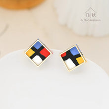 Load image into Gallery viewer, Loving Mondriaan - small square coloured line minimalist statement earrings handmade porcelain jewellery