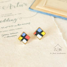 Load image into Gallery viewer, Loving Mondriaan - small square coloured line minimalist statement earrings handmade porcelain jewellery