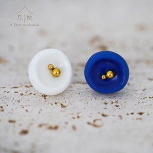 Blue and White Minimalist Statement earrings stud, handmade porcelain jewellery