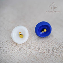 Load image into Gallery viewer, Blue and White Minimalist Statement earrings stud, handmade porcelain jewellery
