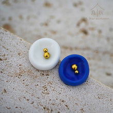 Load image into Gallery viewer, Blue and White Minimalist Statement earrings stud, handmade porcelain jewellery
