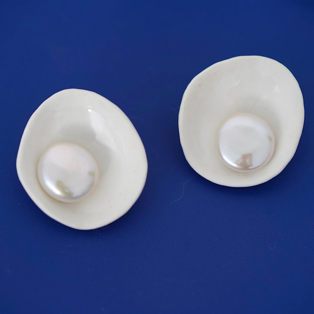 White Porcelain+ Pearl Statement Avant-garde Minimalist -handmade porcelain jewellery earrings