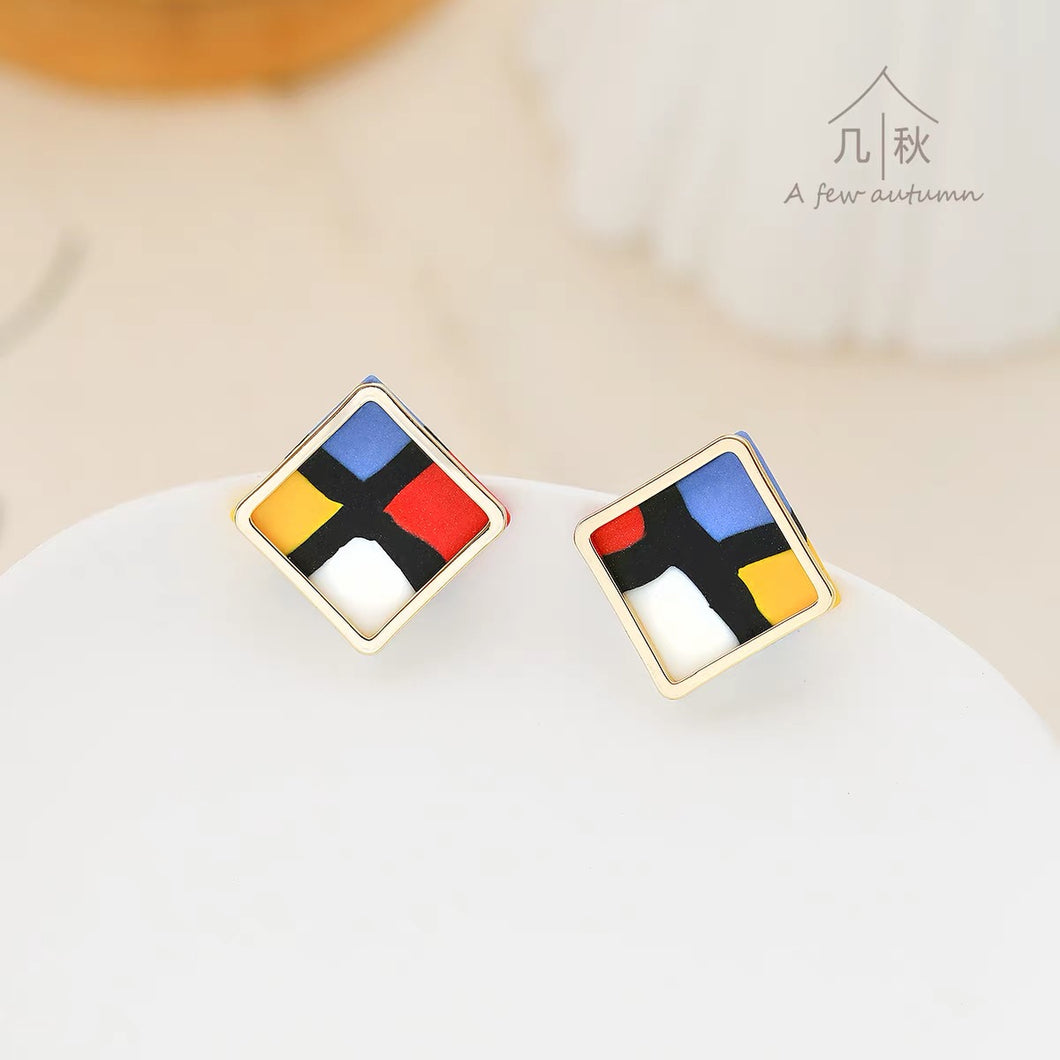 Loving Mondriaan - small square coloured line minimalist statement earrings handmade porcelain jewellery